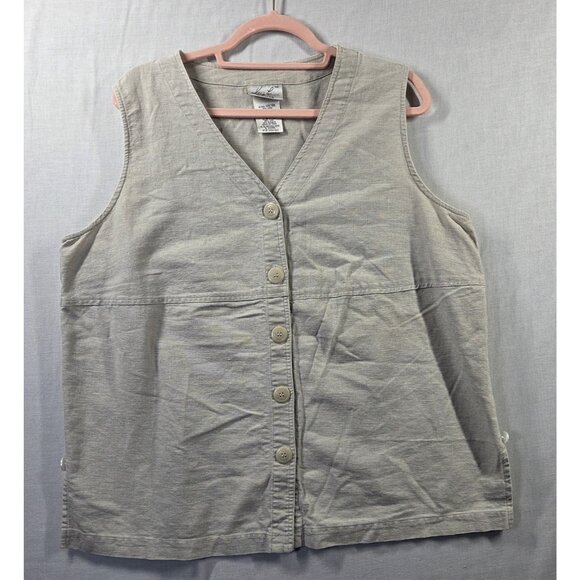 Kathie Lee Vest Womens 14W 16W Beige Linen Cotton Button Front Plus Size Casual - Picture 1 of 11